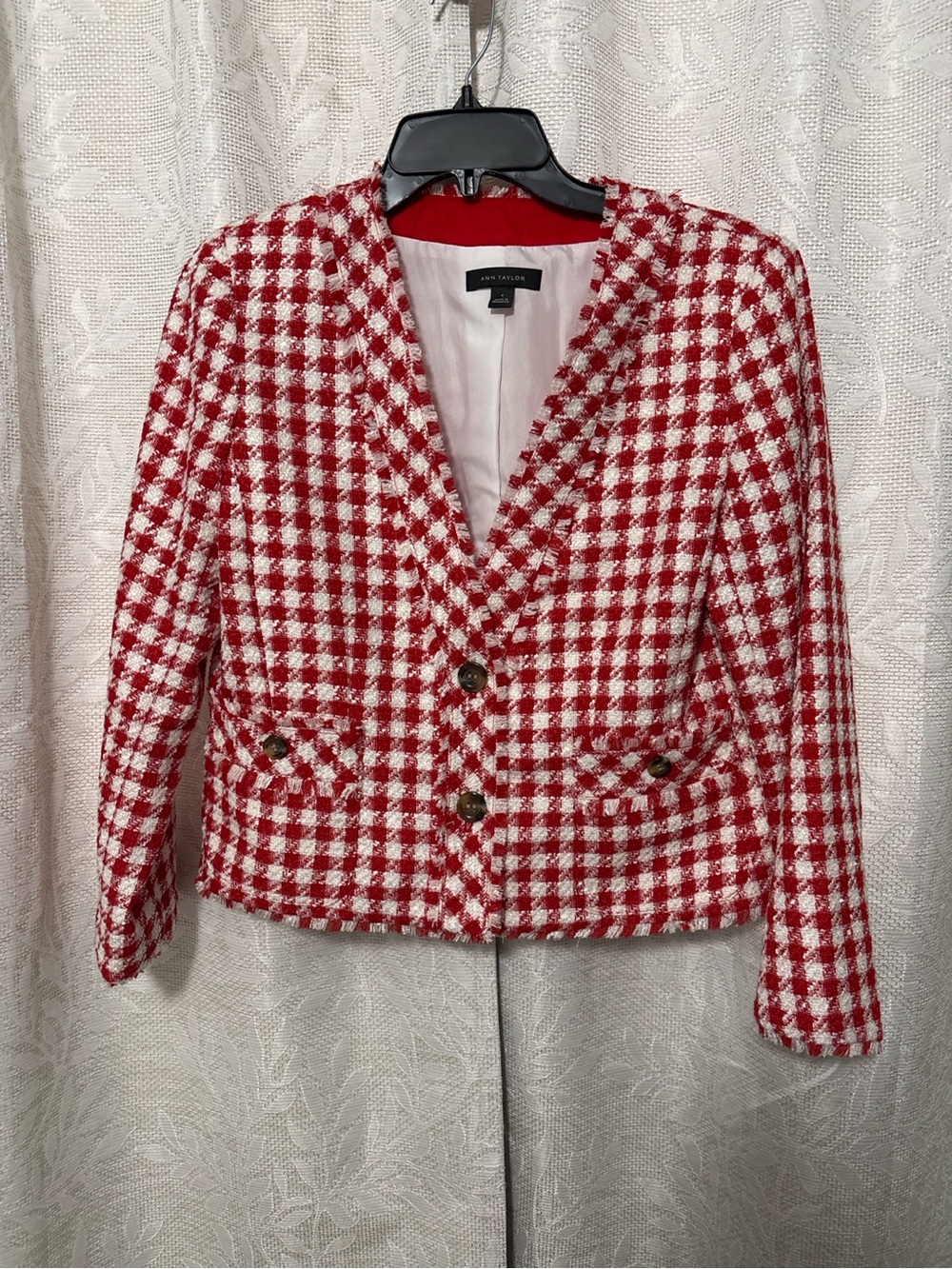 Ann Taylor Red & White Houndstooth Tweed Blazer